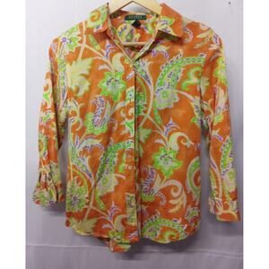 LAUREN RALPH LAUREN Orange Paisley Button-Up Shirt Long Sleeve Collared Size S/P